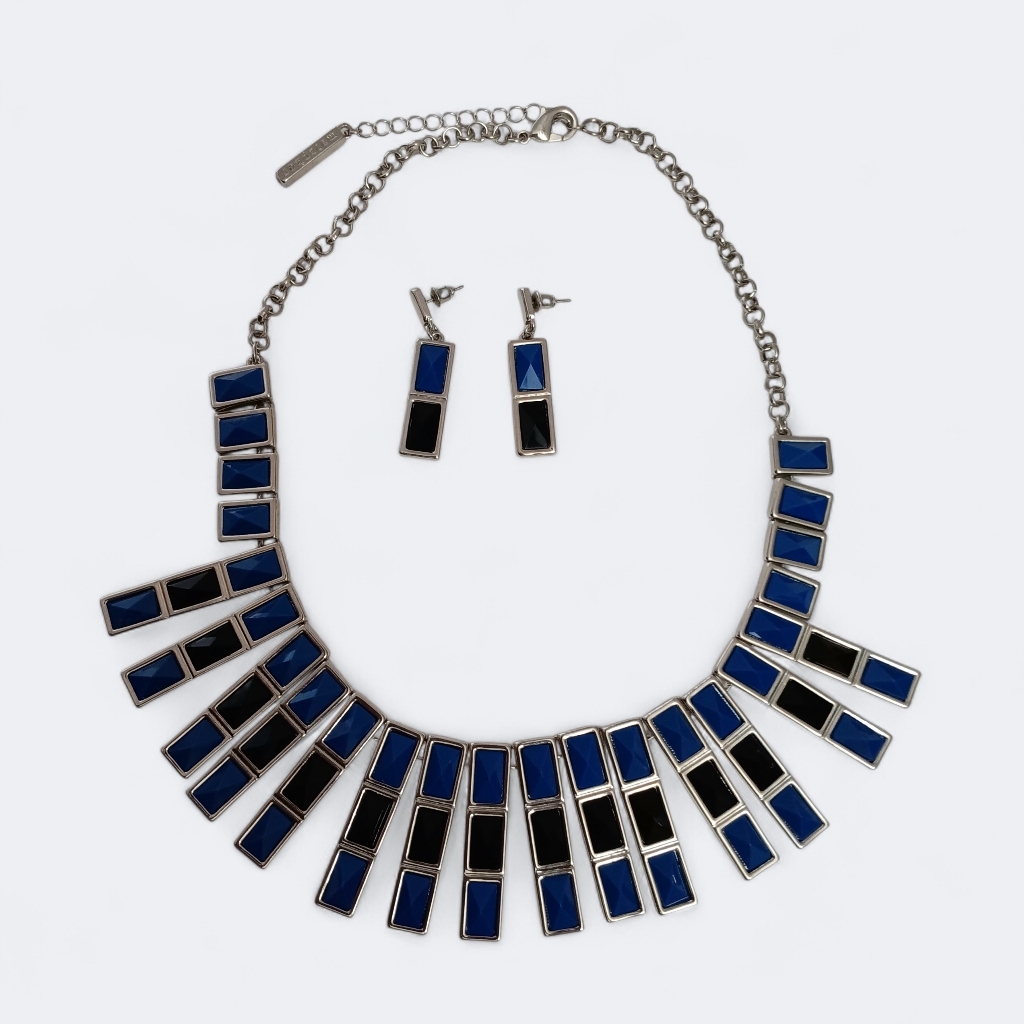 3/$15 Metaphor Blue And Silver Rectangle Statement Necklace And Earring Set